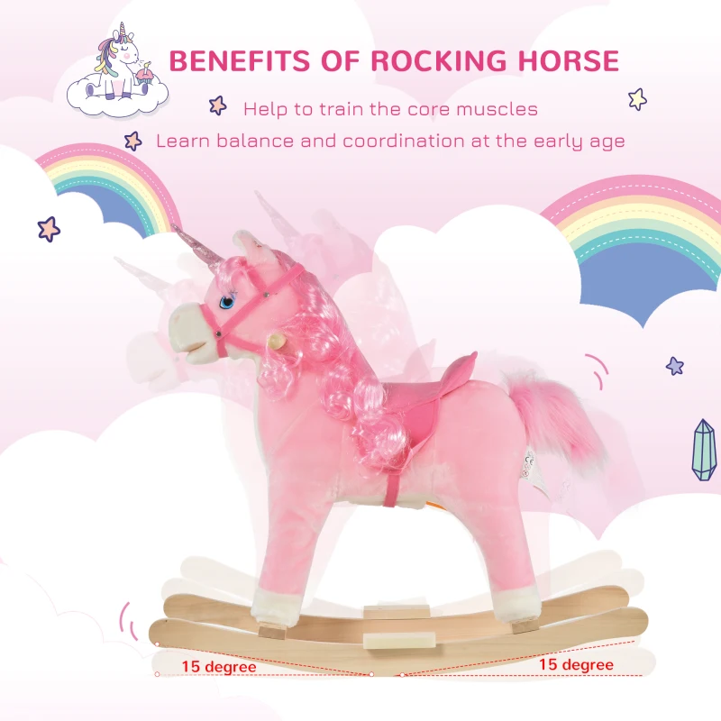 Qaba Kids Rocking Horse, Ride on Unicorn with Wooden Base, Tail Wag & Sounds for Toddlers 3-6 Years Old, Pink