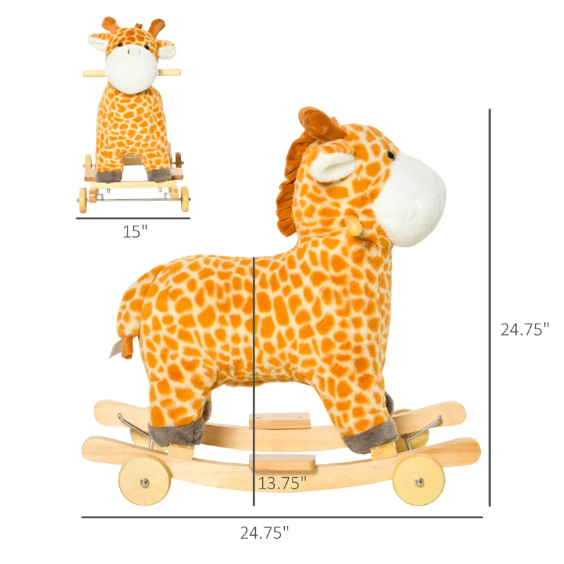 Qaba Rocking Horse, 2 in 1 Kids Ride on Horse, Rolling Giraffe Animal Rocker with Sound, Wooden Base, Pedal, Grip Handle, Plush Riding Pony for 3-6 Years Old, Yellow
