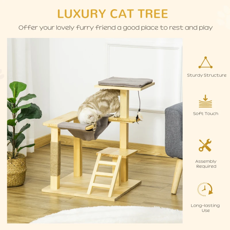 PawHut 25.5" Cat Tree Kitty Activity Center Pinewood Cat Climbing Toy Indoor Outdoor Pet Furniture with Jute Scratching Post Bed Perch Hanging Toy Ladder Cushion Natural