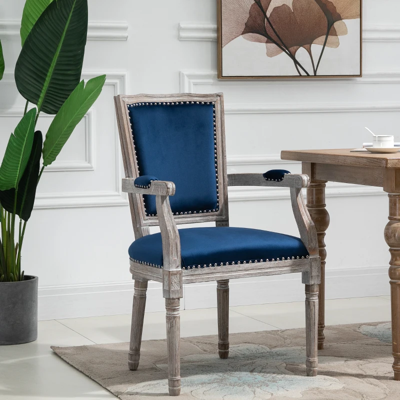 HOMCOM Vintage Dining Chair with High Back, Thick Sponge Padded Seat and Section Armrest with Wood Frame, Blue