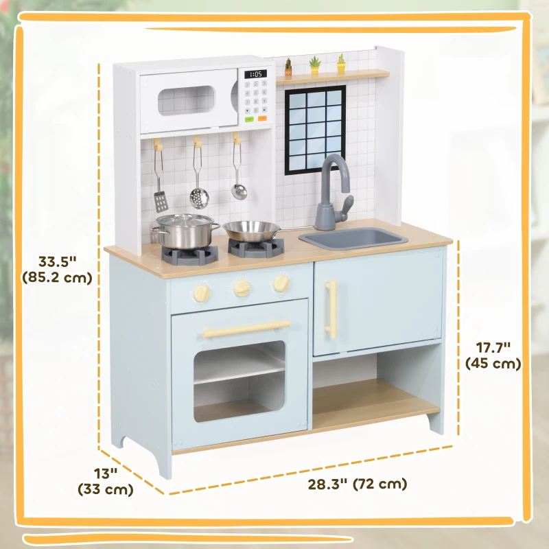Qaba Pretend Play Kitchen, Kids Kitchen Playset with Stove Microwave Oven, Turning Knobs, Cooking Accessories
