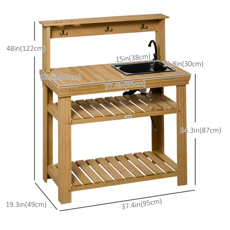 Outsunny Outdoor Potting Bench Table with Faucet, Removable Sink, Hooks and Storage Shelves, Wood Work Bench Workstation for Greenhouse, Garden, Patio