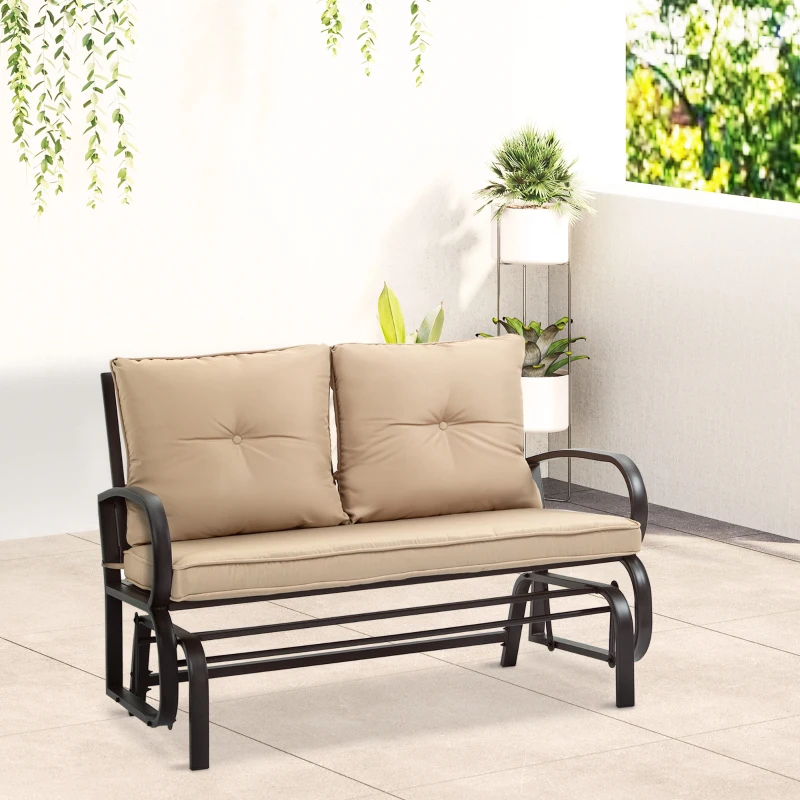 Outsunny 2-Person Outdoor Glider Chair, Patio Double Rocking Loveseat with Steel Frame and Cushions for Backyard, Garden and Porch, Khaki