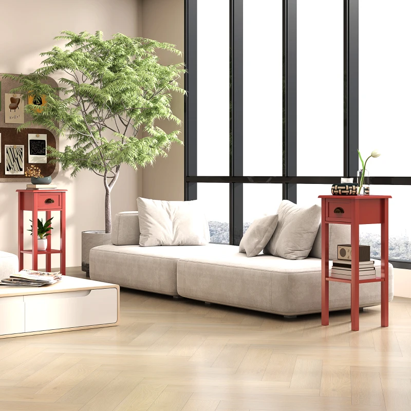 HOMCOM 2-Tier Side Tables Set of 2 with Drawer and Shelf, 2 Pieces End Tables for Living Room and Hallway, Red