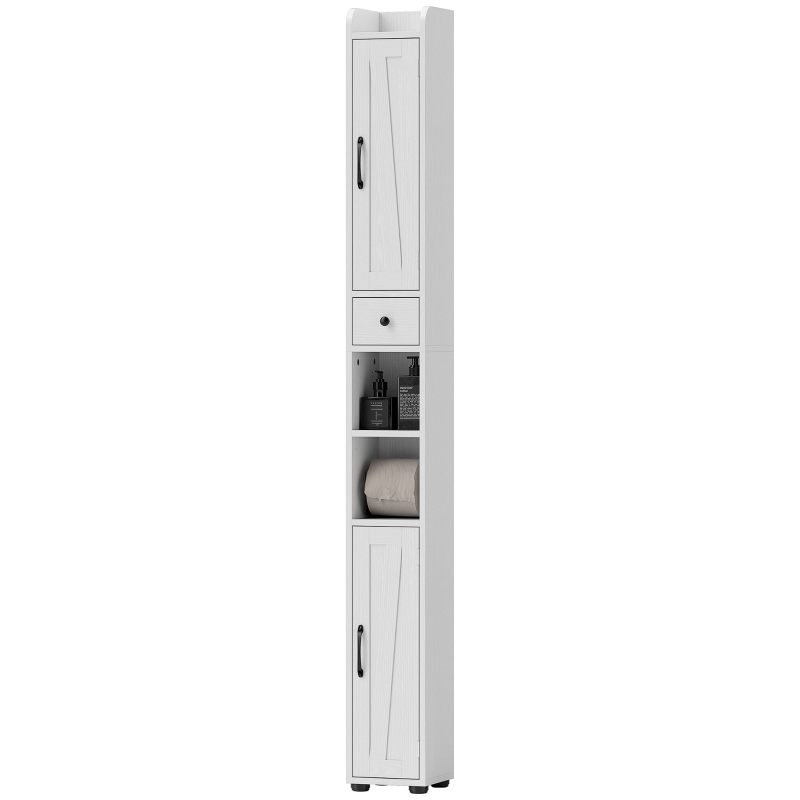 HOMCOM Narrow Bathroom Cabinet, Tall Bathroom Storage Cabinet with Barn Doors, Drawer and Adjustable Shelves, White Wood Grain