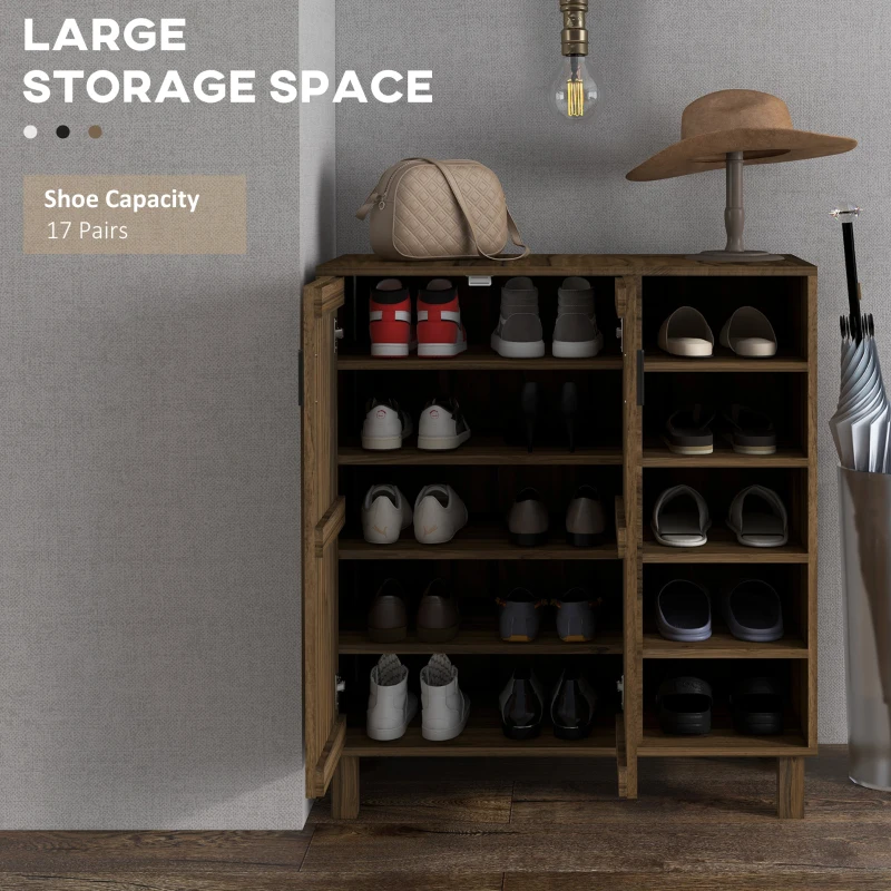 HOMCOM Shoe Storage with Double Doors and Open Shelves 17 Pair Shoe Storage Organizer for Entryway Hallway Walnut