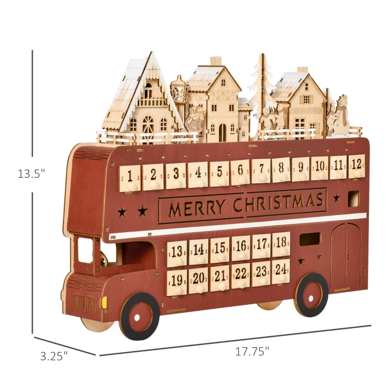 HOMCOM Christmas Advent Calendar, Light Up Table Xmas Wooden Bus Holiday Decoration with Countdown Drawer, Santa Claus Street House, for Kids and Adults
