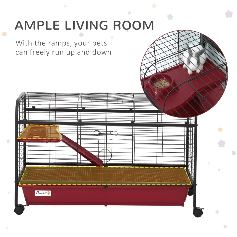 PawHut 42”Metal Wire Small Animal Pet Cage with EasyWheels for Portability & Spacious Multi-Level Design, Red and Black