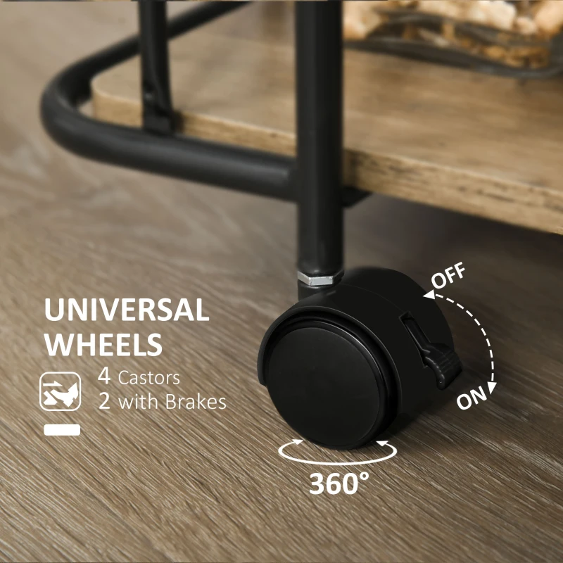 HOMCOM Bar Cart, Industrial Kitchen Cart with Wheels , Rolling Utility 3 Storage Shelves for Dining Room, Laundry Room, and Bathroom, Light Brown Wood Grain