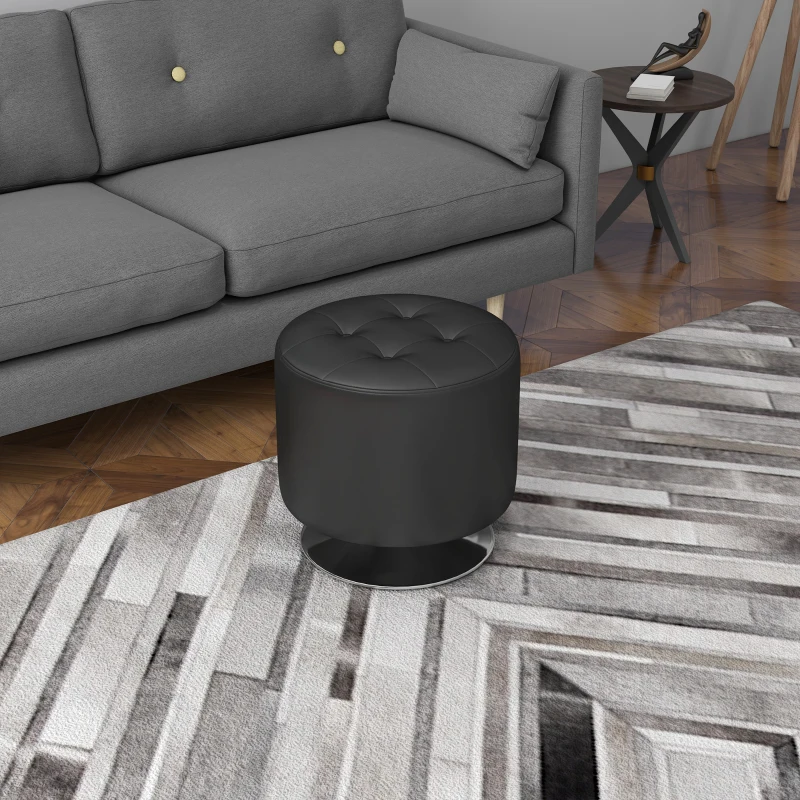 HOMCOM 360° Swivel Foot Stool Round PU Ottoman with Thick Sponge Padding and Solid Steel Base, Black