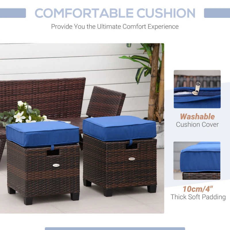 Outsunny 2 PCS Patio Wicker Ottoman Set, Two Square Outdoor PE Rattan Footrest with Removable Cushion, Freely Combined Furniture w/ Handle for Backyard, Garden, Poolside, Blue