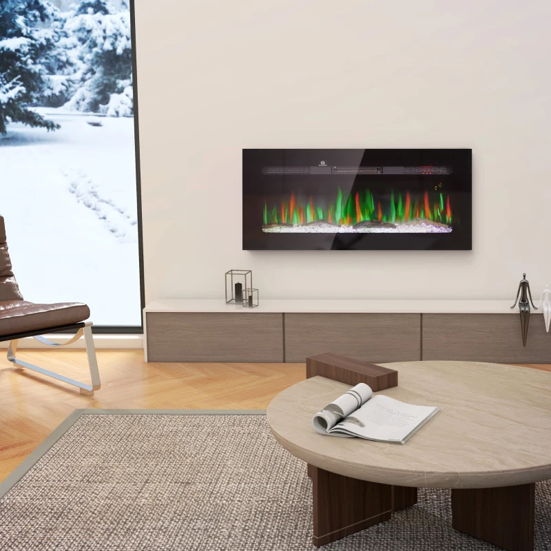 HOMCOM 40" Recessed or Wall Mounted Electric Fireplace Heater with Remote Control, Adjustable Flame Color and Brightness