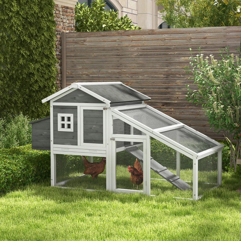 PawHut 69" Chicken Coop Wooden Backyard Poultry Hen Cage, Rabbit Hutch Pen, with Run w/ Nesting Box, Removable Tray for Easy Cleaning, Asphalt Roof, and Safe Lockable Door