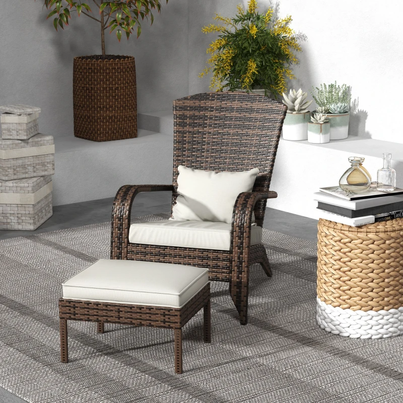 Outsunny Wicker Adirondack Chair with Ottoman, Patio Cushioned Muskoka Chair with Armrests Brown/Cream White