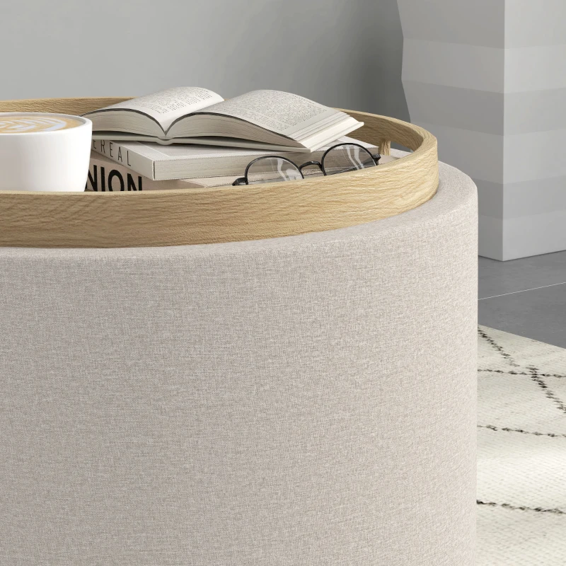HOMCOM Round Coffee Table, End Table with Hidden Storage and Tray Top, Linen Upholstered Footrest for Living Room