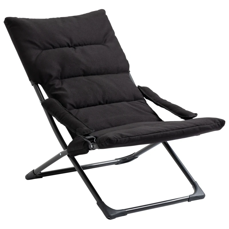 Outsunny Folding Lounge Chair, Mesh Fabric Lounger with Thick Padded Cushion and Armrest, Camping Beach Chair for Poolside, Deck, Backyard, Black