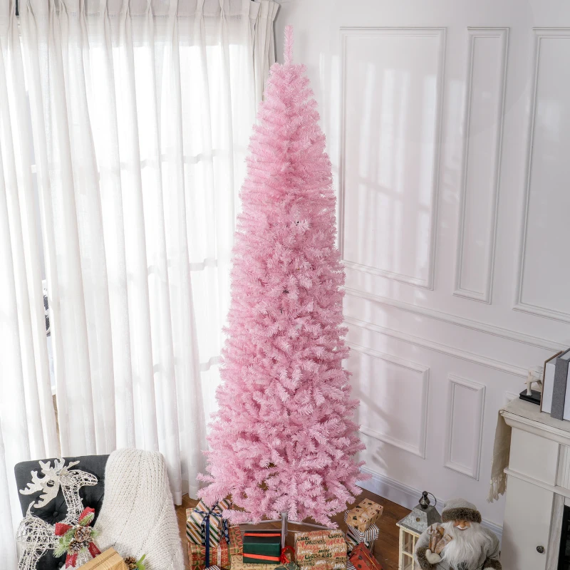 HOMCOM 8' Artificial Christmas Tree Douglas Fir Pencil Christmas Tree with 1168 Realistic Branch Tips, Pink