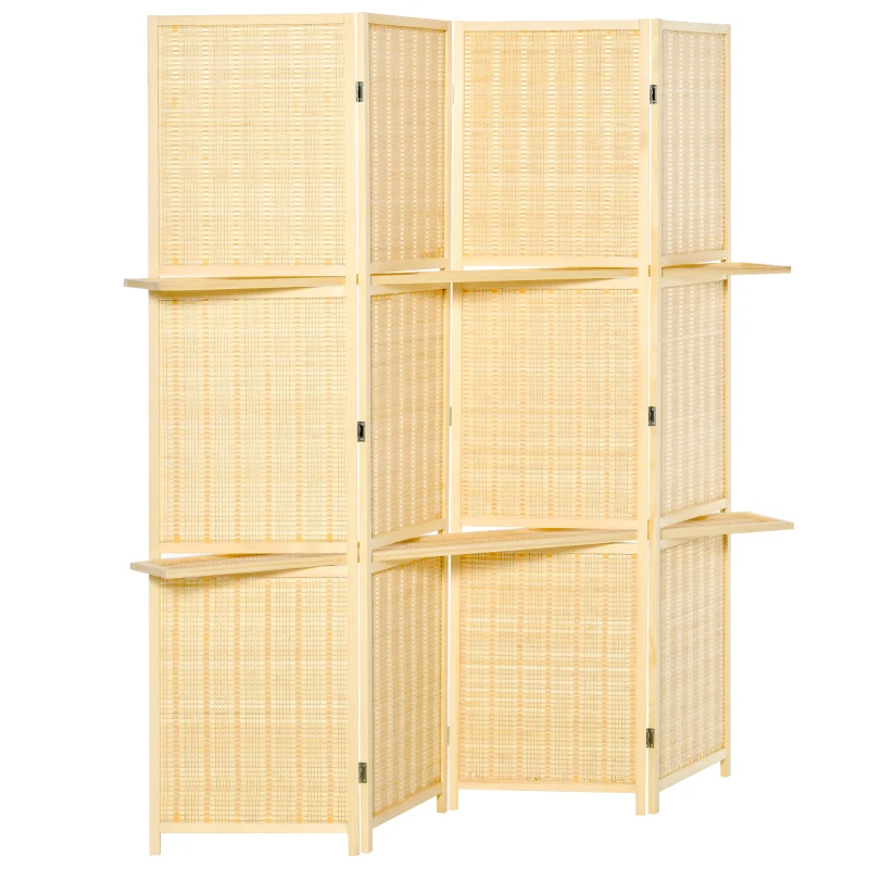 HOMCOM 4-Panel Folding Room Divider, 6 Ft Freestanding Bamboo Privacy Screen Panel with Storage Shelves for Bedroom or Office, Natural Wood Color