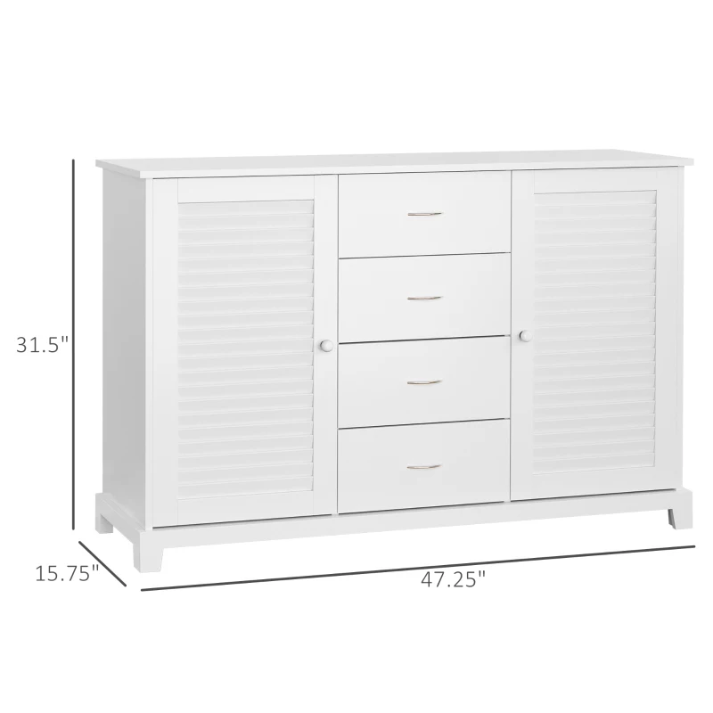HOMCOM Sideboard Buffet Cabinet, Kitchen Cabinet, Coffee Bar Cabinet with 4 Drawers and 2 Louvered Doors for Living Room, Kitchen, White