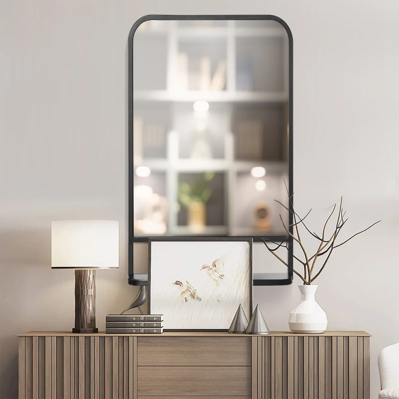 HOMCOM 34" x 21" Rectangle Modern Wall Mirror with Storage Shelf, Mirrors for Wall in Living Room, Bedroom, Black