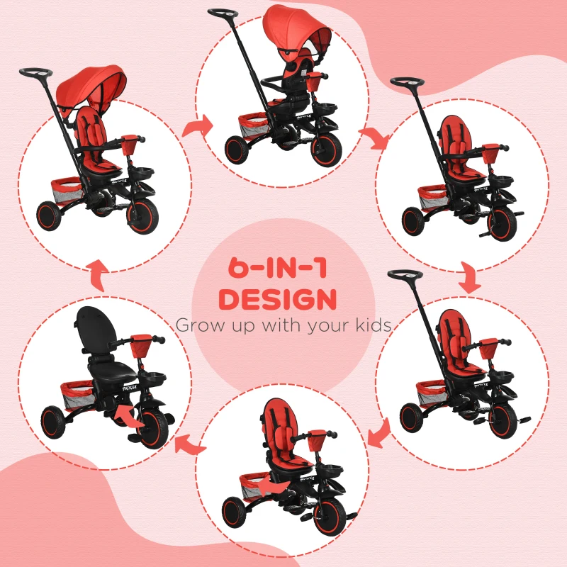 Aosom 6-in-1 Toddler Tricycle for 12-50 Months, Foldable Kids Trike with Adjustable Seat and Push Handle, Safety Harness, Removable Canopy, Footrest, Red
