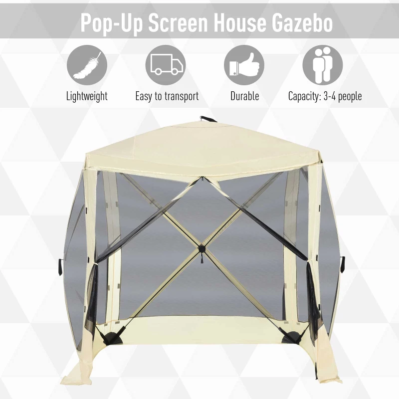 Outsunny Pop-Up Tent, Foldable Screen Tent with Carry Bag, Zippered Door and Ground Stakes, Fits 3-4 People, Beige