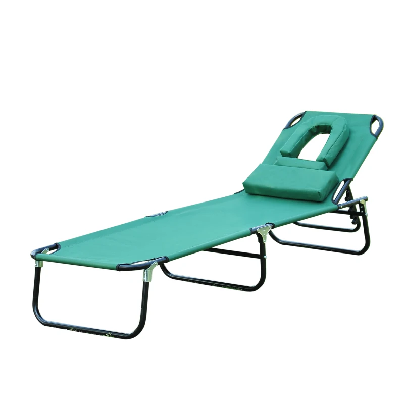 Outsunny Folding Outdoor Lounge Chair, Portable Reclining Beach Lounger with Face Hole, Detachable Pillow, 3-Position Adjustable Backrest, For Patio, Garden, Poolside, Green