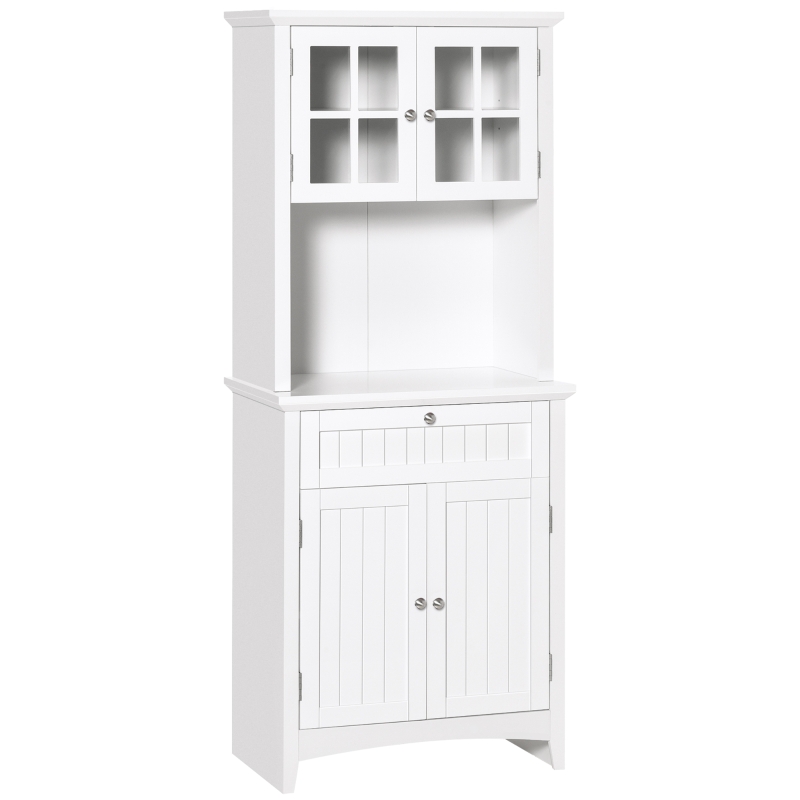 HOMCOM Kitchen Buffet Hutch Wooden Storage Cupboard with Framed Glass Door, Drawer and Microwave Space, White