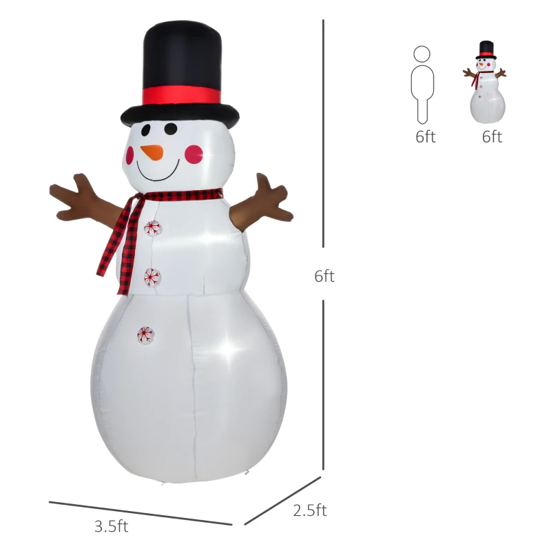 HOMCOM 6ft Tall Giant Outdoor Indoor Inflatable Snowman Christmas Decoration for Lawn with Hat Scarf LED Lights