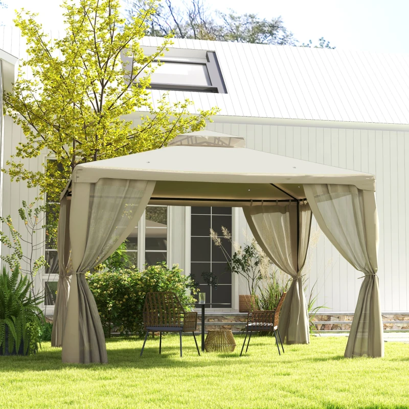 Outsunny 9.6' x 11.6' Patio Gazebo Outdoor Canopy Shelter with 2-Tier Roof and Netting, Steel Frame for Garden, Cream White