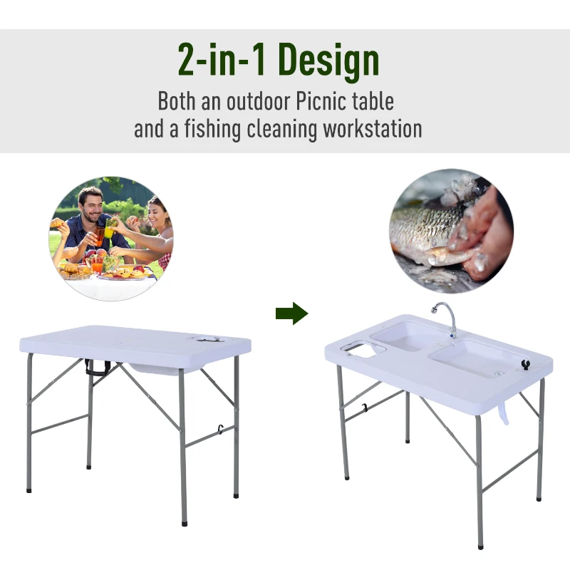 Outsunny 2-in-1 Folding Table with Faucet and Sinks Portable Outdoor Camping BBQ Fishing Table, White