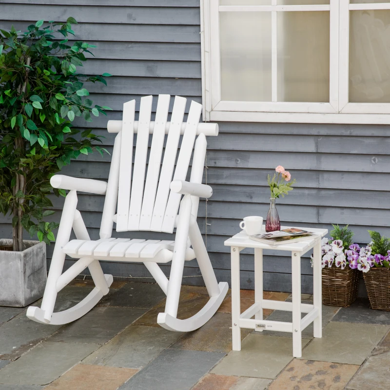 Outsunny Outdoor Wooden Rocking Chair, Single-Person Rustic Adirondack Rocker with Slatted Seat, High Backrest, Armrests for Patio, Garden and Porch, White