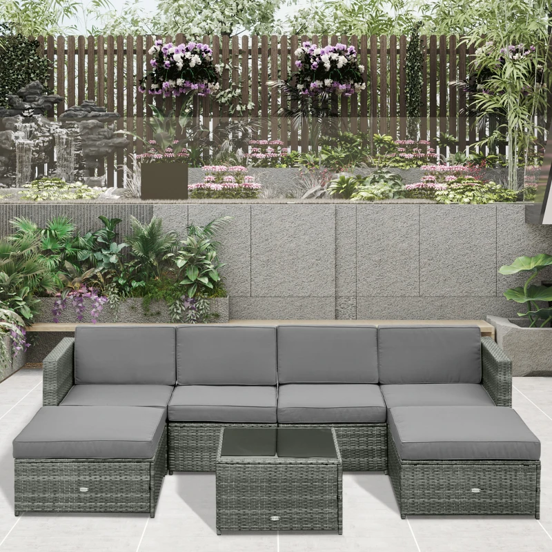 Outsunny 7pcs Wicker Rattan Sectional Set Outdoor Patio Sofa Table Footstools Set Garden Furniture with Cushions, Grey