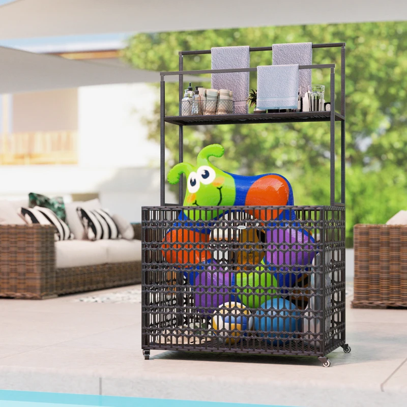 Outsunny Wicker Pool Float Storage Organizer, PE Rattan Pool Float Holder with Basket Shelf Towel Bars, Rolling Pool Caddy for Floaties, Noodles, Life Vests, Beach Balls, Brown