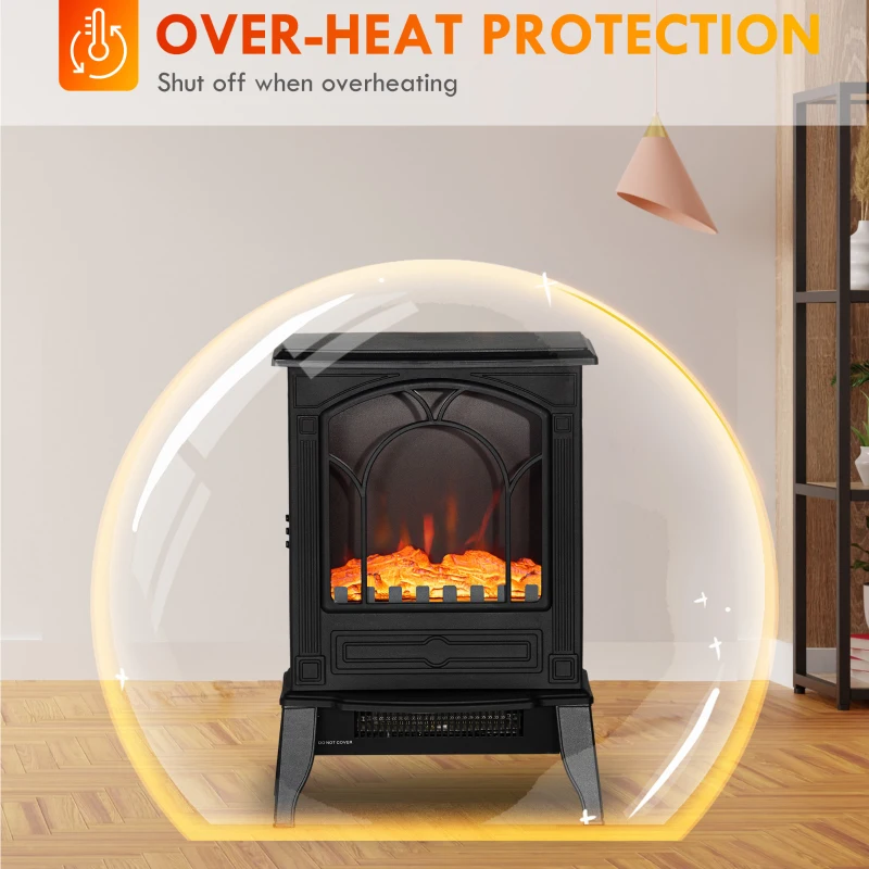 HOMCOM Electric Fireplace Heater, Freestanding Fireplace Stove with Realistic Flame Effect Overheat Protection 750W/1500W Black