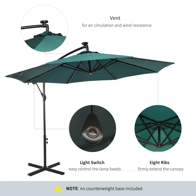 Outsunny 10ft Outdoor Cantilever Umbrella Patio Solor Banana Umbrella with Lights Adjustable Angle for Patio Backyard Dark Green