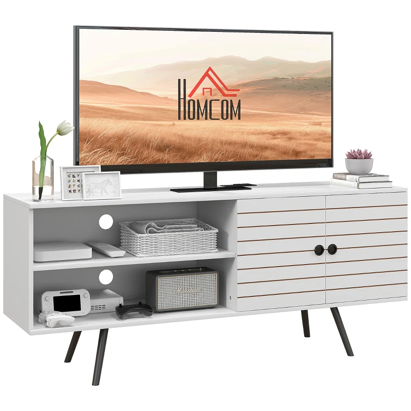 HOMCOM TV Stand Cabinet for 65-Inch, TV Table with Charging Station, Television Stand with Open Shelves, Door and Cable Holes