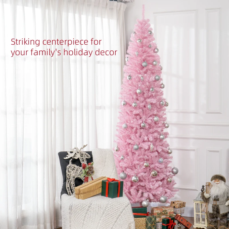 HOMCOM 8' Artificial Christmas Tree Douglas Fir Pencil Christmas Tree with 1168 Realistic Branch Tips, Pink