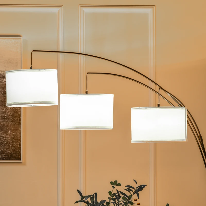 HOMCOM Arc Floor Lamp with 3 Hanging Drum Shape Lampshade, Flexible Steel Pole and Marble Round Base, Black/White