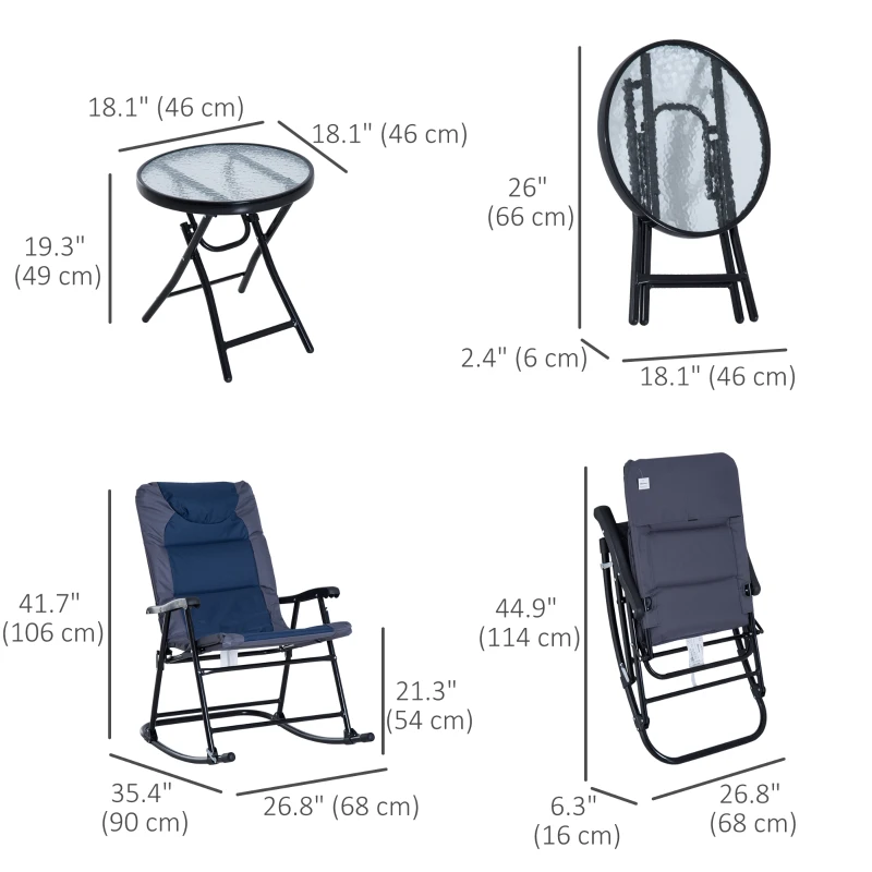 Outsunny 3pc Patio Foldable Rocking Chair Set, Outdoor Rocking Chairs and Table Bistro Set w/ Padded Seat, Headrest, Backrest for park, backyard, garden, Blue