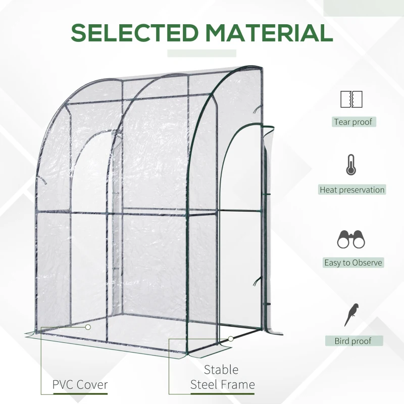 Outsunny 5' x 4' x 7' Lean-to Greenhouse, Walk-in Wall Mounted Hot House & Plant Nursery with 2 Zippered Roll Up Doors, Sloping PVC Cover, Green and Clear