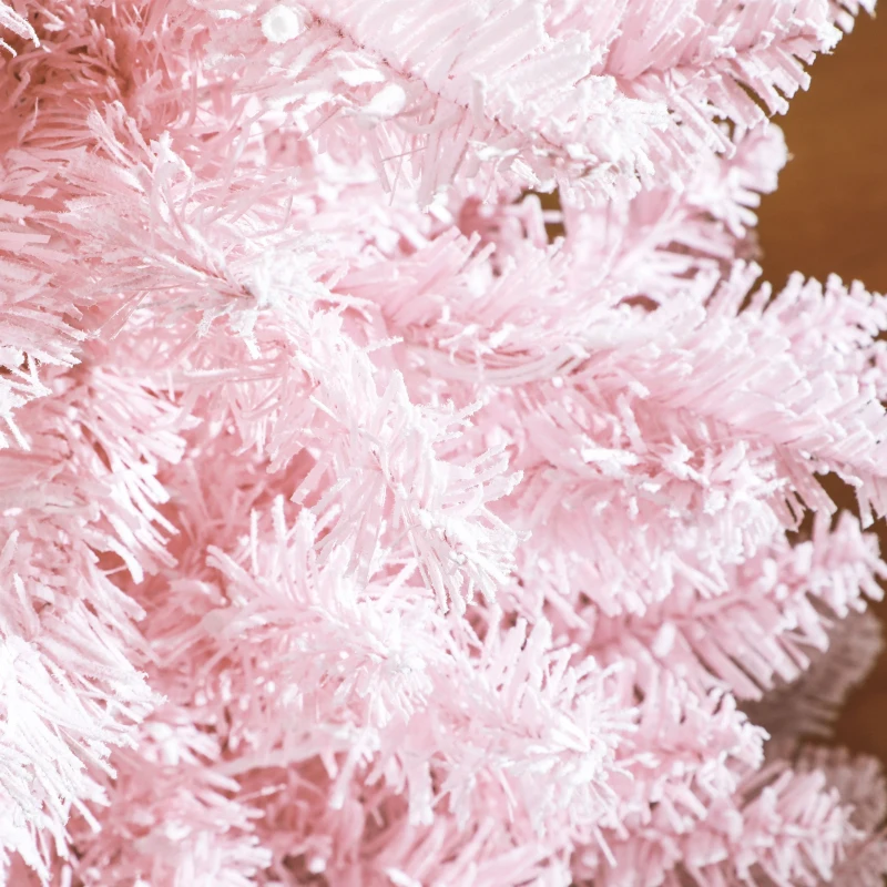 HOMCOM 5ft Pencil Christmas Tree, Slim Artificial Christmas Tree with Snow Flocked Branches and Warm White LED Lights, Pink