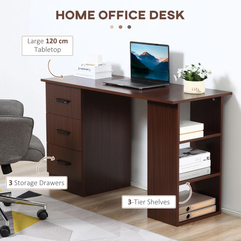 HOMCOM Computer Desk, 47" Writing Table with 3-Tier Shelves and 3 Reversible Drawers for Home Office, Bedroom, Walnut