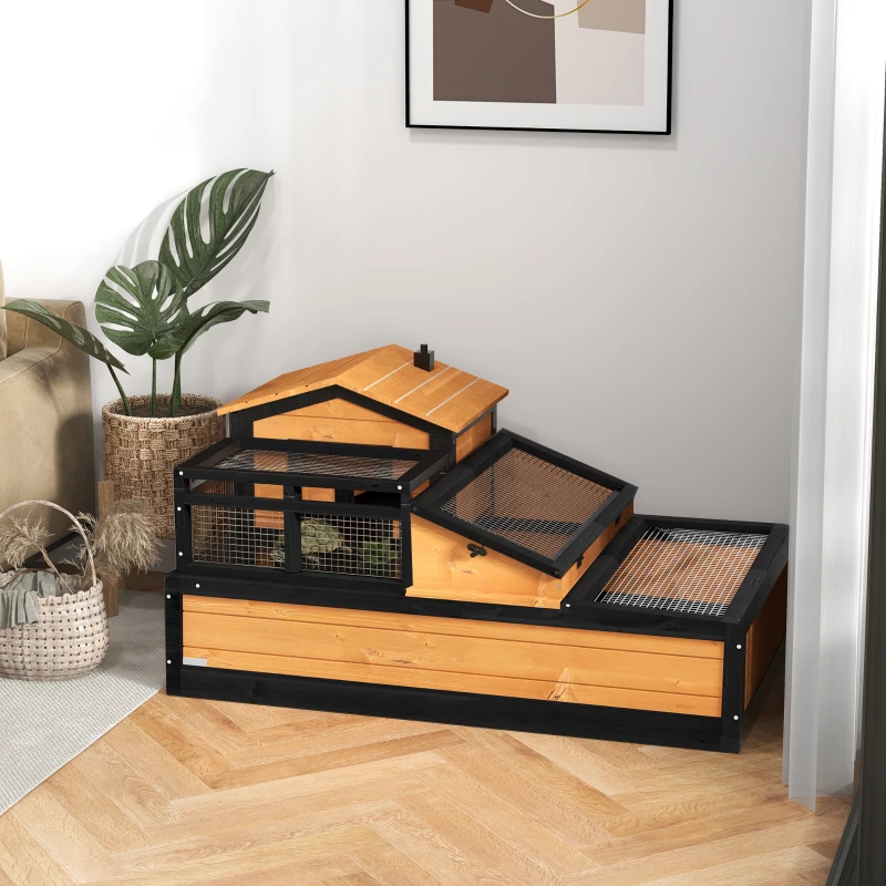 PawHut 3-Room Tortoise House Habitat with Balcony & 2 Stories, Indoor/Outdoor Wooden Tortoise Enclosure with Ladder, Tray, Openable Roof, Large Reptile Cage, 44" x 25.5" x 23", Yellow