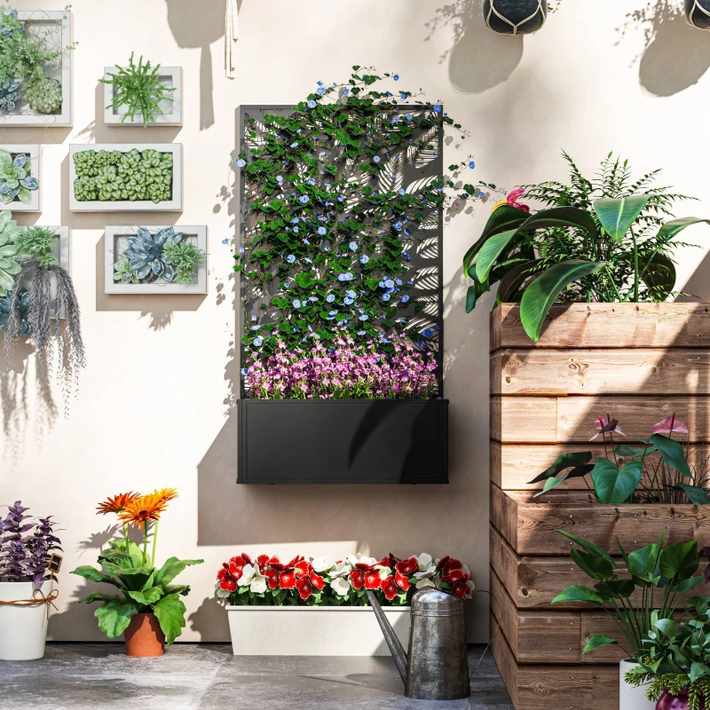 Outsunny Metal Raised Garden Bed with Privacy Panel, Freestanding or Wall Mounted Outdoor Planter Box for Garden, Patio