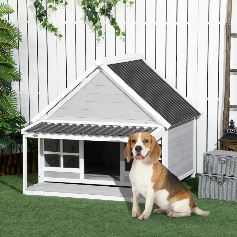 PawHut Wooden Dog House with Porch, Dog House Outdoor with Tilt Roof, Front Door, Windows for Medium Large Sized Dog