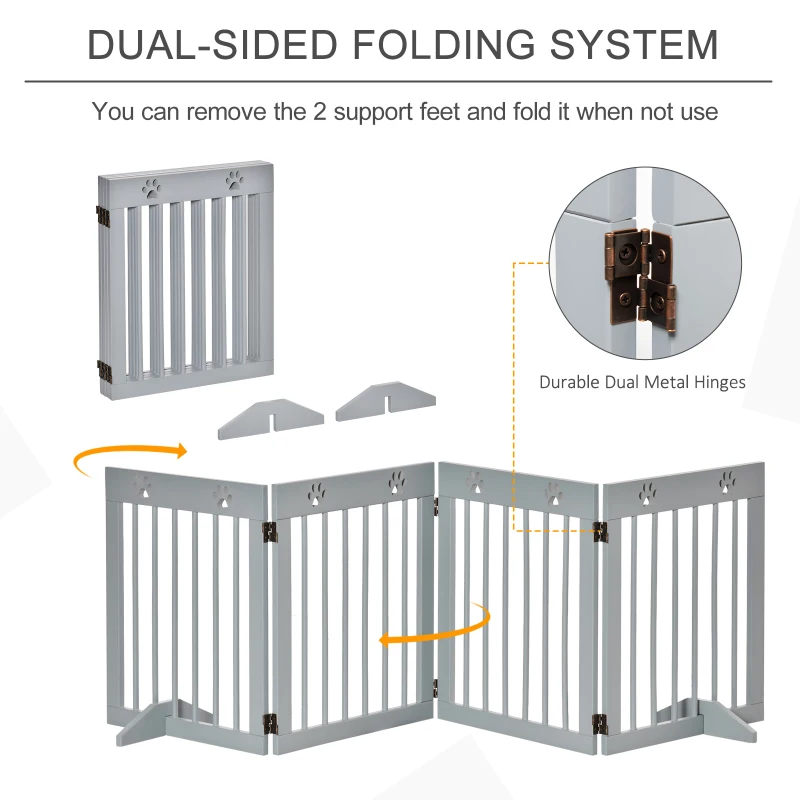 PawHut Freestanding Pet Gate 4 Panel Wooden Dog Barrier Folding Safety Fence with Support Feet for Doorway Stairs Light Grey