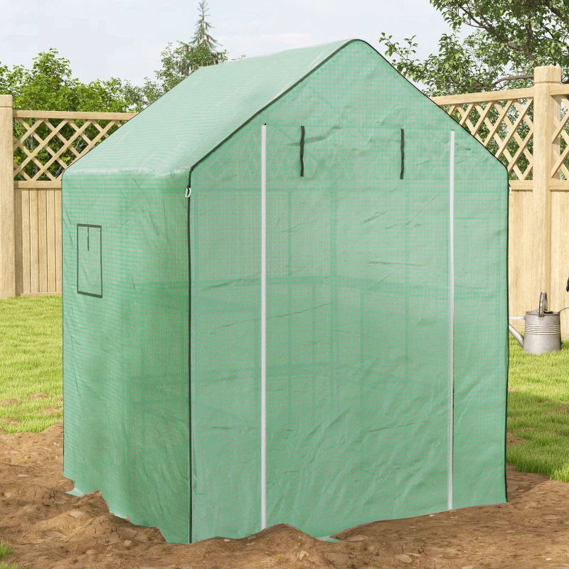 Outsunny 4.6' x 4.7' Portable Greenhouse, Water/UV Resistant Walk-In Small Outdoor Green House with 2 Tier U-Shaped Flower Rack Shelves, Roll Up Door & Windows, Green