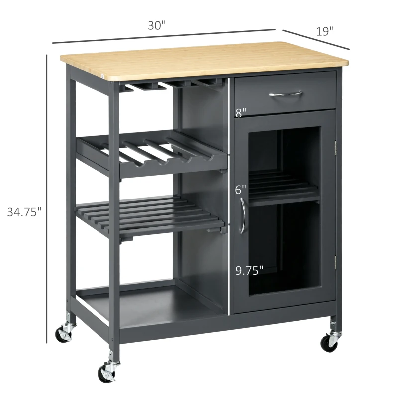 HOMCOM Rolling Kitchen Island with Storage, Kitchen Cart with 4-bottle Wine Rack, Bar Cart with Stemware Holder, Shelves, Drawer and Cabinet, Gray