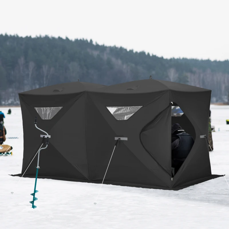 Outsunny 5-8 People Ice Fishing Shelter, Pop-Up Portable Ice Fishing Tent with Carry Bag, Two Doors, Windows and Vents, Ice Shanty for Winter Fishing, Black